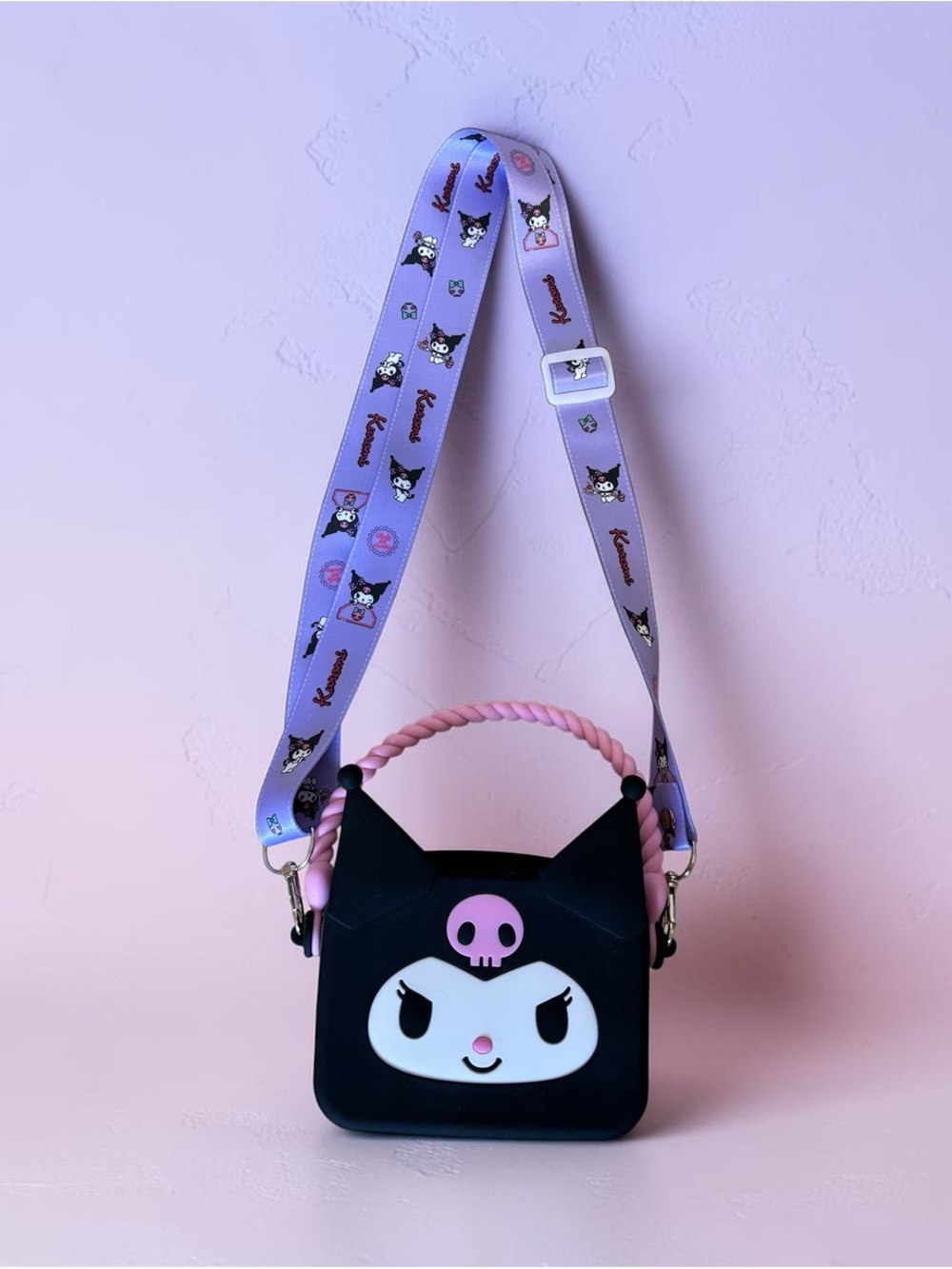 Sanrio Kuromi Black & Pink Kids Crossbody Bag with Lavender Strap